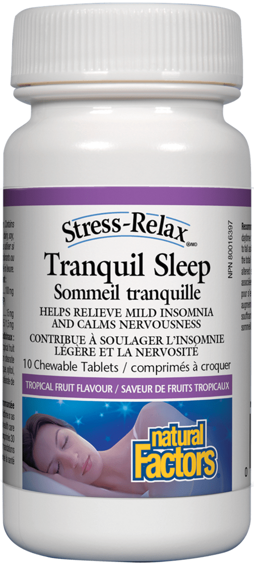 Natural Factors Tranquil Sleep Tropical Fruit Flavour   10 tablets. Helps you Fall Asleep and Stay Asleep