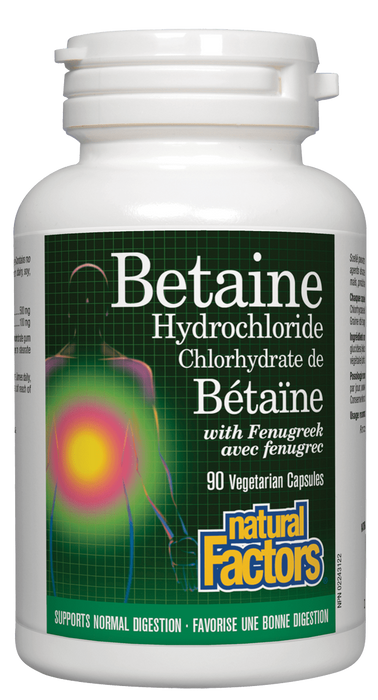 Natural Factors Betaine Hydrochloride with Fenugreek 90capsules. Increases Stomach Acids to enhance Digestion