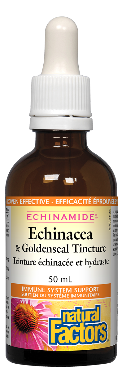 Natural Factors Echinacea Goldenseal  50ml. For Sore Throats, Coughs and Viruses
Echinacea & Goldenseal Tincture 50ml
