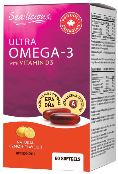 Sealicious Ultra Omega 3 with Vitamin D 60 capsules. 2 Capsules contain EPA 1000MG, DHA  400MG, D 1000IU  Isura tested so it's Guaranteed Contaminant-Free