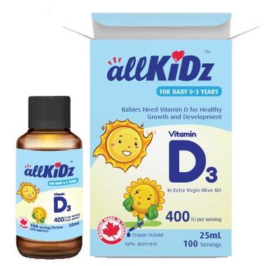 Allkidz Vitamin D3 Drops 25 ml 400IU 100 servings. For babies 0-3 years old