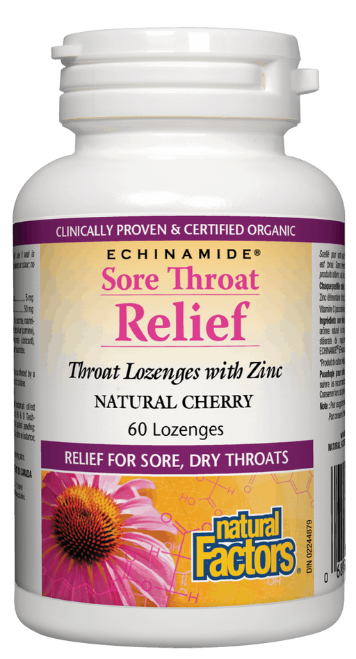 Natural Factors Sore Throat Relief Natural Cherry 60 tablets. Soothes Sore Throats.