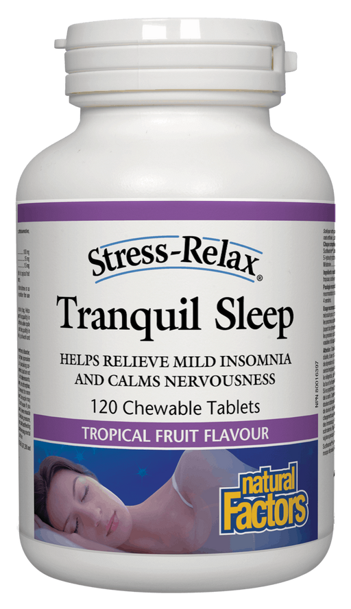 Natural Factors Tranquil Sleep Tropical Fruit Flavour  120 chew.<br> Helps you Fall Asleep and Stay Asleep
