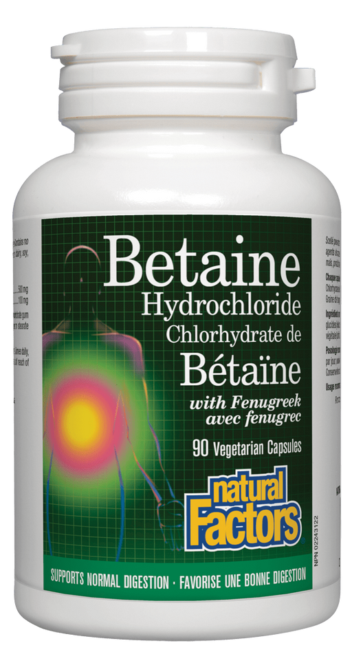 Natural Factors Betaine Hydrochloride with Fenugreek 90capsules. Increases Stomach Acids to enhance Digestion