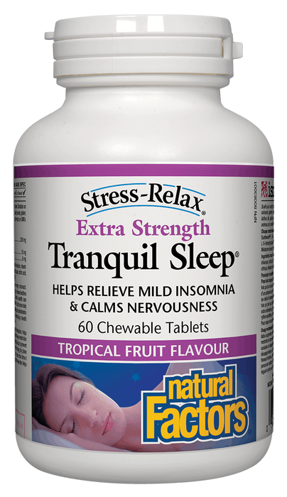 Natural Factors Tranquil Sleep<b> Extra Strength</b> 60 chewable tablets. Helps you Fall Asleep and Stay Asleep