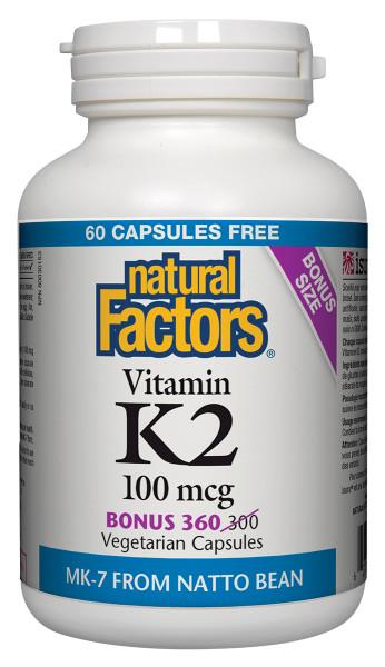 Natural Factors Vitamin K2 100 mcg  <B><font color="red"> Bonus Size 360 Capsules - 60 Capsules Free</B></font>
