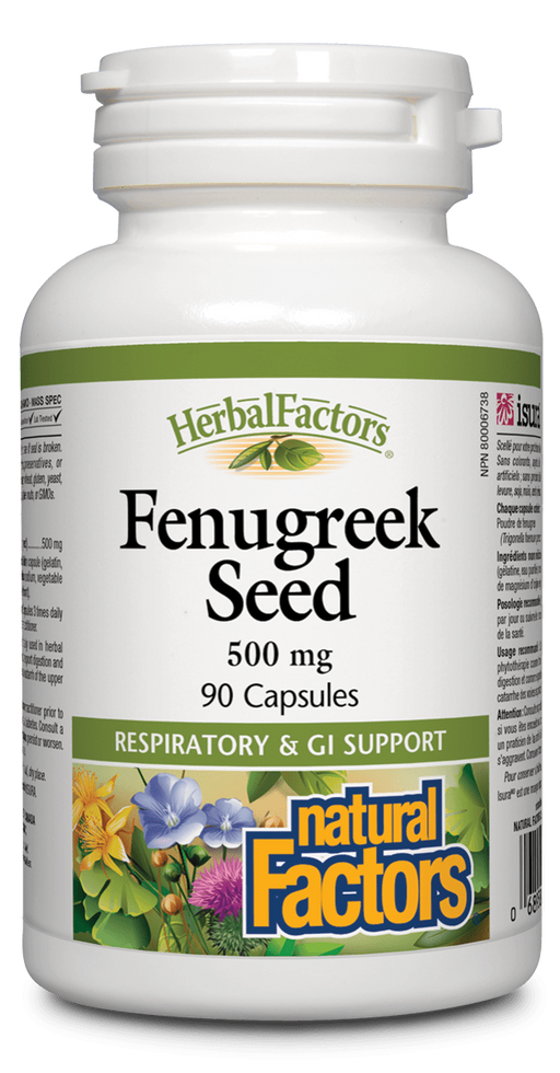 Natural Factors Fenugreek Seed 90 capsules. For Upper Respiratory Health and Increasing Milk production in Nursing Mothers