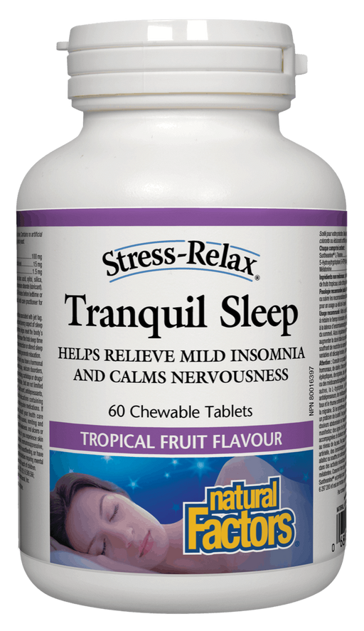 Natural Factors Tranquil Sleep Tropical Fruit Flavour   60 chew. Helps you Fall Asleep and Stay Asleep