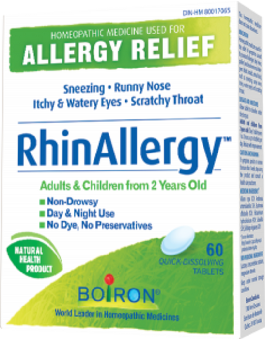 Boiron RhinAllergy 60 tablets. Relieves Allergy symptoms such as Sneezing, Runny Nose, Itchy and Watery Eyes
