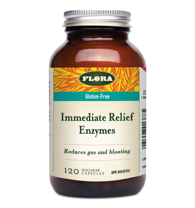 Flora Immediate Relief Enzyme 120 Vegi Caps. For Heartburn,Gas and Bloating